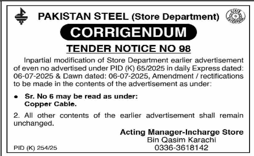 Pakistan Steel Karachi Tender Notice